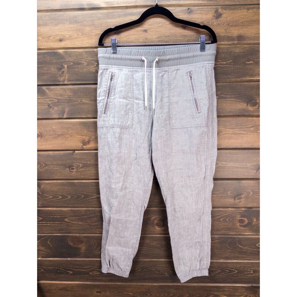 Athleta Cabo Linen Jogger Pants Gray Womens Size 8 Drawstring Zip Pocket